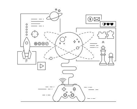 Game items extending from video game controllers. Design with black lines on a white background. minimal vector illustration.のイラスト素材