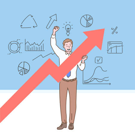 A businessman is holding a rising graph. hand drawn style vector design illustrations.のイラスト素材