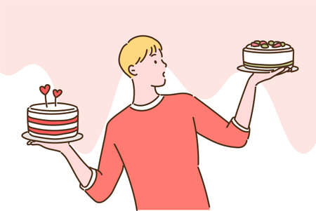 A man is holding a cake in both hands and making a choice. hand drawn style vector design illustrations.のイラスト素材