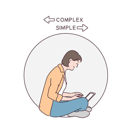 A woman is sitting on the floor and looking at a laptop. hand drawn style vector design illustrations.のイラスト素材