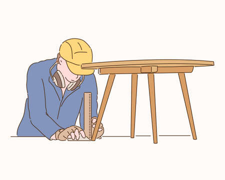 A carpenter is making a table. hand drawn style vector design illustrations.のイラスト素材