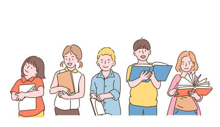 Cute children holding books and reading. hand drawn style vector design illustrations.のイラスト素材