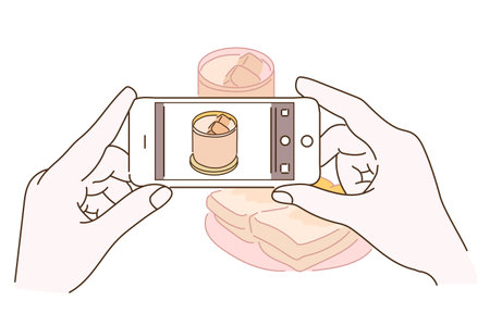 Hand taking food photo with mobile phone. hand drawn style vector design illustrations.のイラスト素材