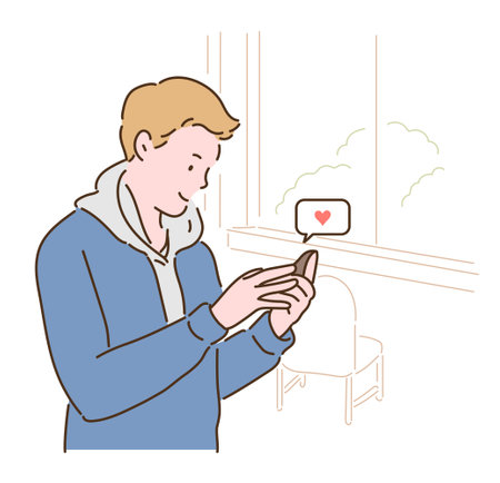 A man is looking at his phone and smiling. hand drawn style vector design illustrations.のイラスト素材