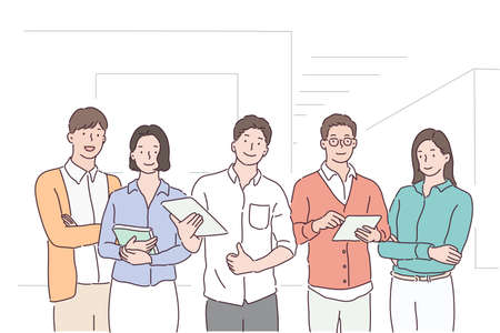Office colleagues standing together and smiling. hand drawn style vector design illustrations.のイラスト素材
