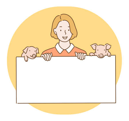A woman is holding a white board with cute little pigs beside her. hand drawn style vector design illustrations.のイラスト素材