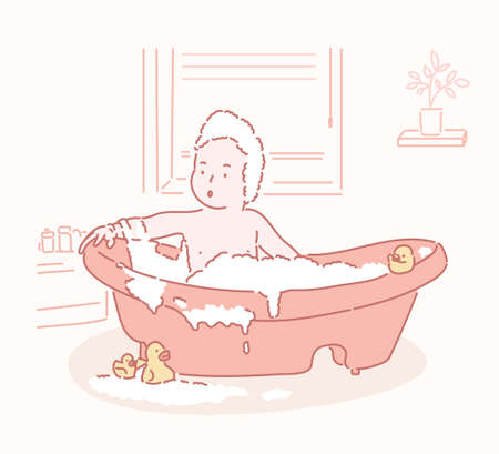 The baby is bathing in the bathtub. hand drawn style vector design illustrations.のイラスト素材