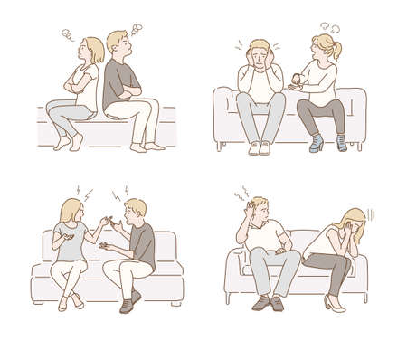 A couple is sitting on the sofa and arguing. hand drawn style vector design illustrations.のイラスト素材