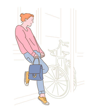 A woman is standing leaning against a wall. hand drawn style vector design illustrations.のイラスト素材
