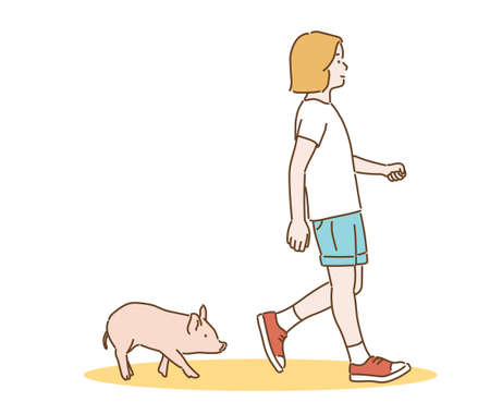 A girl is walking and a cute little pig is following. hand drawn style vector design illustrations.のイラスト素材