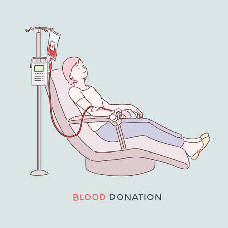 Blood donation promotion banner. A woman is sitting in a medical chair and taking blood. hand drawn style vector design illustrations.のイラスト素材
