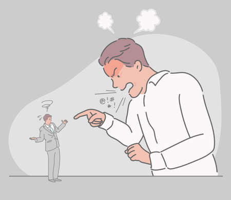 An angry giant boss and a small subordinate. hand drawn style vector design illustrations.のイラスト素材