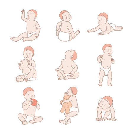 Cute baby poses. hand drawn style vector design illustrations.のイラスト素材