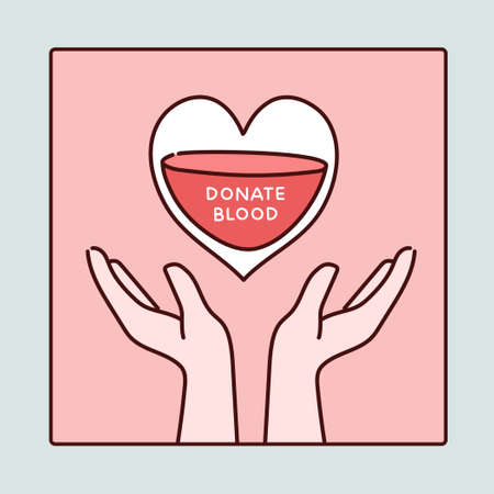 Blood donation promotion banner. Both hands support heart-shaped blood. hand drawn style vector design illustrations.のイラスト素材