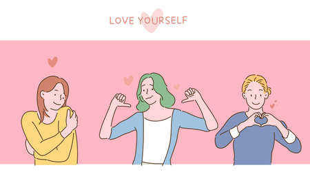 Women with confident expressions. You are making a gesture of loving yourself. hand drawn style vector design illustrations.のイラスト素材