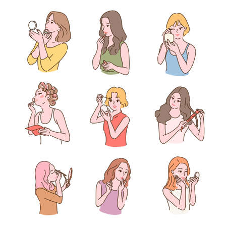 Women doing makeup and styling hair. hand drawn style vector design illustrations.のイラスト素材