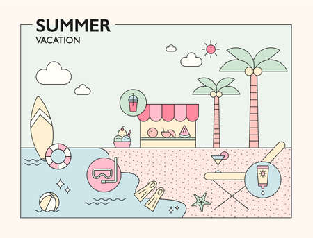 Cute beach resort background illustration. outline simple vector illustration.のイラスト素材