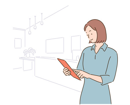 A business woman is looking at documents. hand drawn style vector design illustrations.のイラスト素材