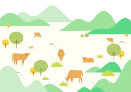 Cows are grazing in the wide field.のイラスト素材
