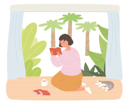 A girl leisurely reading a book on the floor of a house with a garden. A cat is sleeping next to her.のイラスト素材