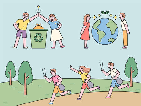 People collecting and high fives for recycling. People standing with the Earth in between. People jogging and picking up trash. flat design style minimal vector illustration.のイラスト素材