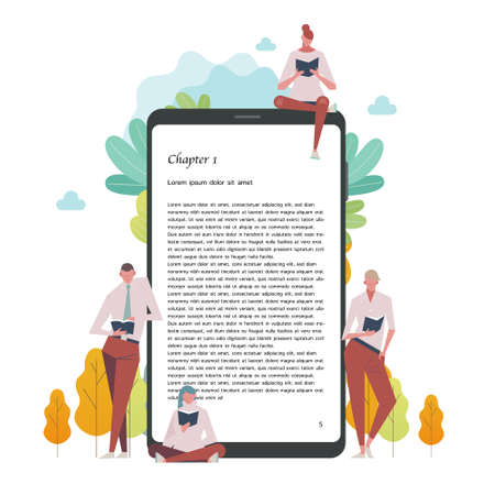 People are reading books leaning on giant digital e-book devices.のイラスト素材