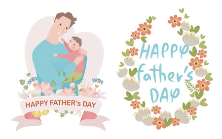 Text design decorated with flowers and dad character holding baby.のイラスト素材
