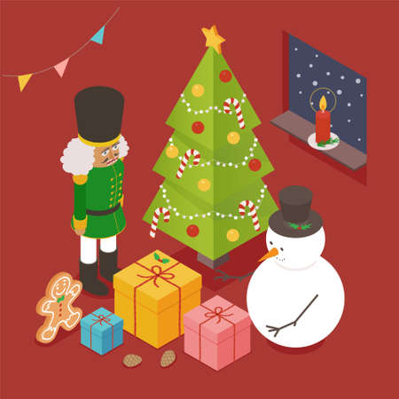 A snowman and a nutcracker gingerbreadman looking at a gift box around the Christmas tree. Isometric view.のイラスト素材