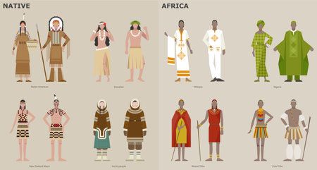 A collection of traditional costumes by country. Indigenous peoples and Africans. vector design illustrations.のイラスト素材