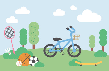 Bike and sports balls, badminton racket and shuttlecock on park background. flat design style minimal vector illustration.のイラスト素材