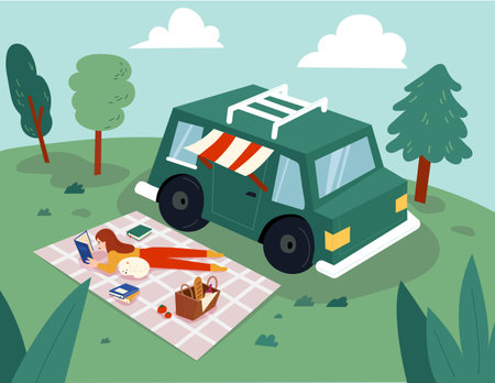 A woman is reading a book on a mat next to a RV. Her cute dog is asleep next to her. flat design style minimal vector illustration.のイラスト素材