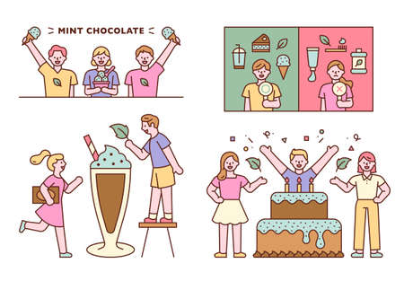 People prefer mint flavored foods. People holding ox pickets and expressing opinions. flat design style minimal vector illustration.のイラスト素材