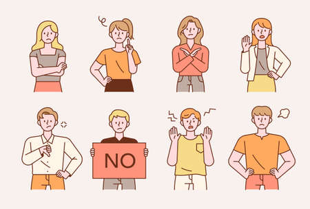 Collection of people characters with rejection gestures and facial expressions. flat design style minimal vector illustration.のイラスト素材