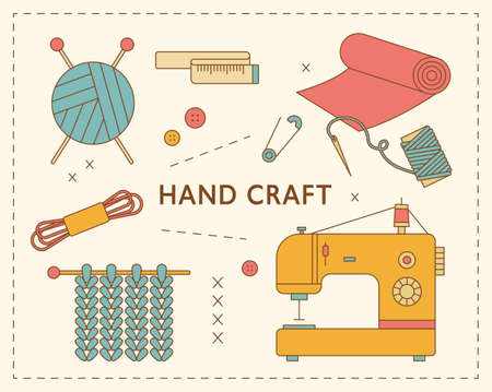 Sewing machine and knitting workshop items. Sawing workshop poster. flat design style minimal vector illustration.のイラスト素材