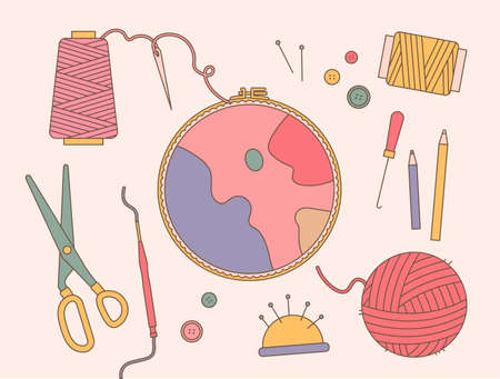 Embroidery frame and sewing tools. flat design style minimal vector illustration.