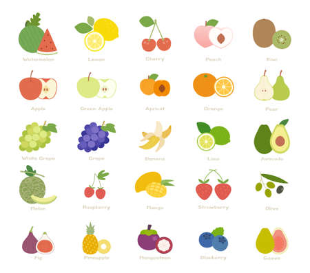 Many kinds of fruits. Whole fruit and slices. flat design style minimal vector illustration.のイラスト素材