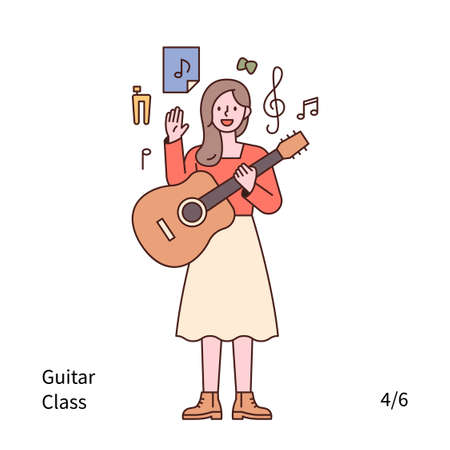 A woman is standing with a guitar and musical note icons floating around. outline simple vector illustration.のイラスト素材
