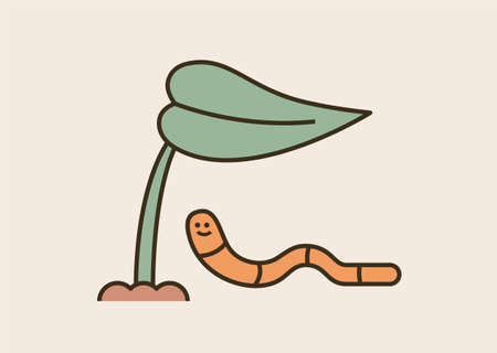 A cute earthworm is crawling under the plant. Cute animal characters. Outline simple vector...