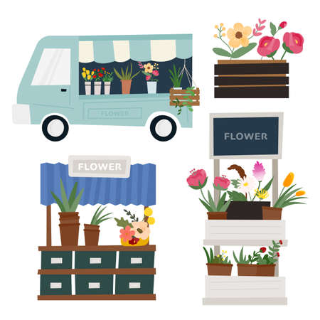 Street flower shop. Selling flowers from cars and shelves. flat design style minimal vector illustration.のイラスト素材