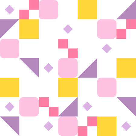 Square and triangular pieces in purple-yellow combination form a pattern. Simple pattern design template.のイラスト素材