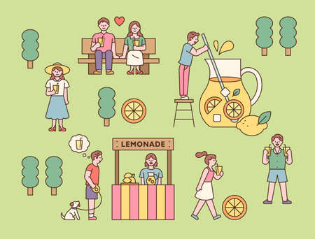 Lemonade shop in the park and people drinking juice. outline simple vector illustration.のイラスト素材