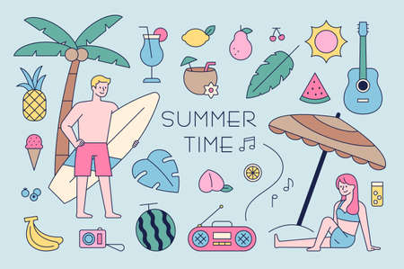 Summer beach icons and male and female characters in swimsuits. outline simple vector illustration.のイラスト素材