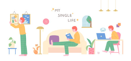 my single life. A woman living alone is happily enjoying her own life. flat design style minimal vector illustration.のイラスト素材