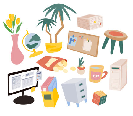 Things for the home office. Hand drawing style object illustration.のイラスト素材