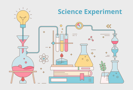 Chemical laboratory flasks are connected and stacked with books. Outline simple flat design banner illustration.のイラスト素材