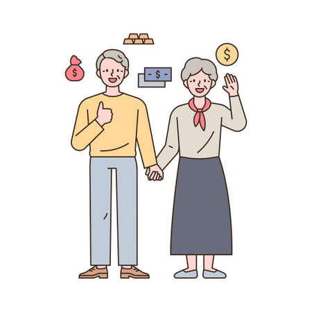 Two old couples holding hands and making a happy gesture, with money icons around them. outline simple vector illustration.のイラスト素材