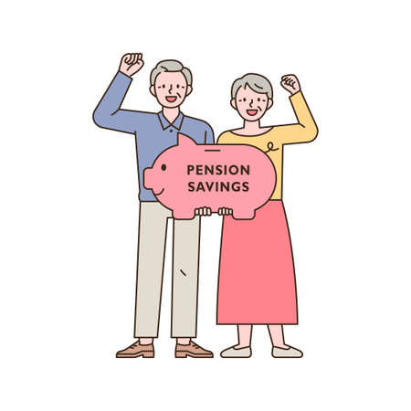 Two old men are cheering with piggy banks. outline simple vector illustration.のイラスト素材