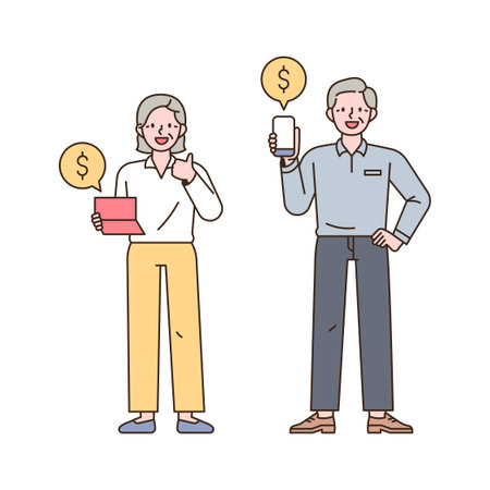 Two old men are looking at the accumulation of assets through bankbooks and mobile banking. outline simple vector illustration.のイラスト素材
