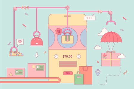 Factory concept for mobile shopping. Outline simple vector illustration.のイラスト素材