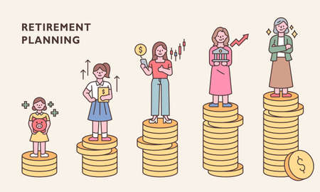 Characters by age are standing on top of stacked coins. outline simple vector illustration.のイラスト素材